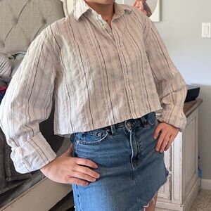 Striped Cropped Button-Down Shirt - White/Black